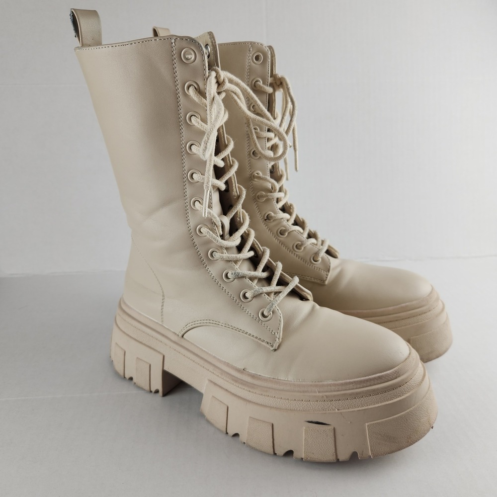 Primark Combat Boots Womens Sz 7 Cream Chunky Platform Lace-up Zip Lug Sole AW23